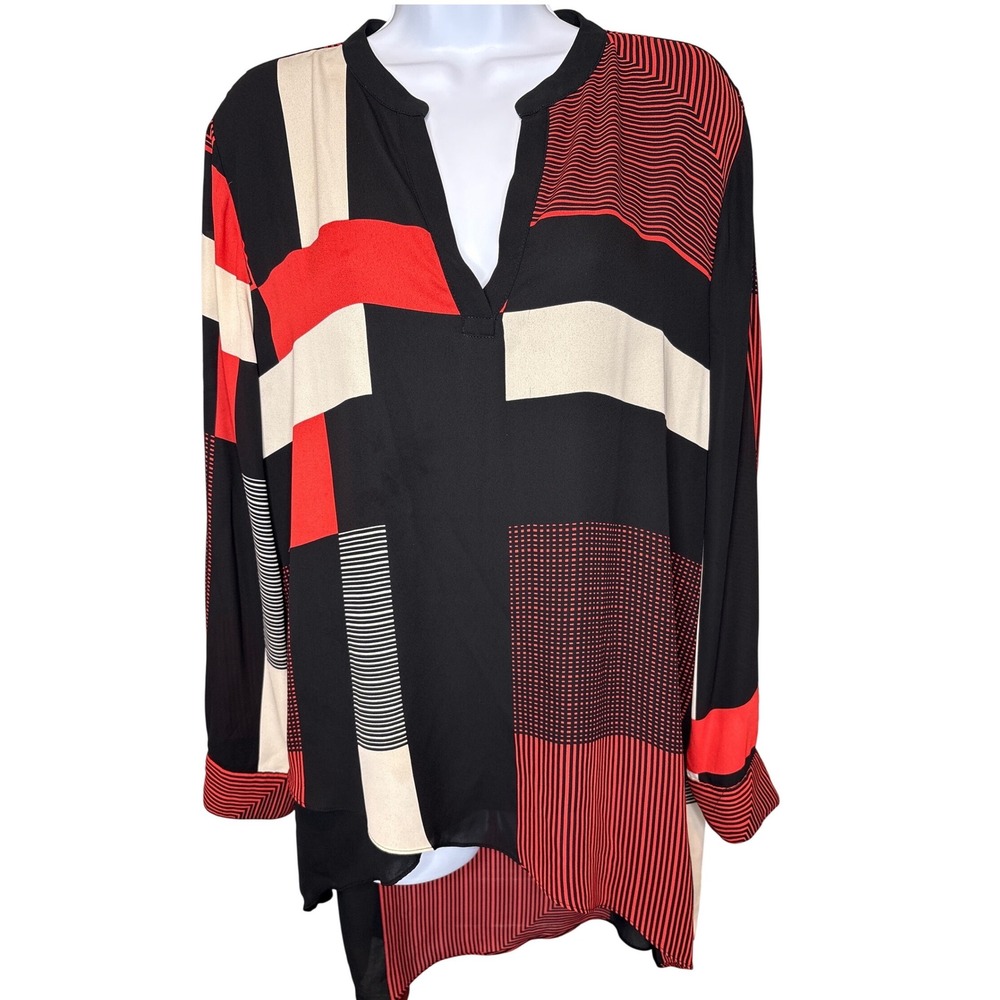 Chico's Womens Black Red Geometric Tunic Blouse Sz 2/L Flowy Office Statement‎